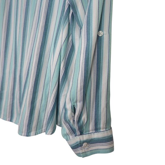 Chico's Striped blue white blouse sz 3 sz 16 with Twist front design Tab Sleeves - Picture 7 of 14